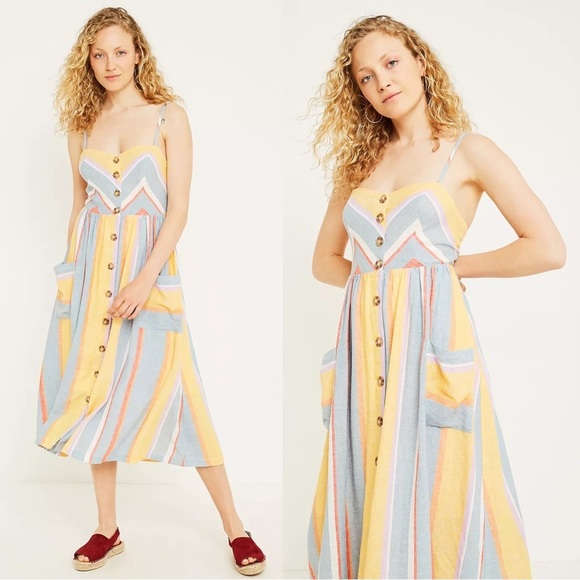 Urban Outfitters UO Emilia Chevron Stripe Button-Through Midi Dress Blue, Yellow - Picture 1 of 8